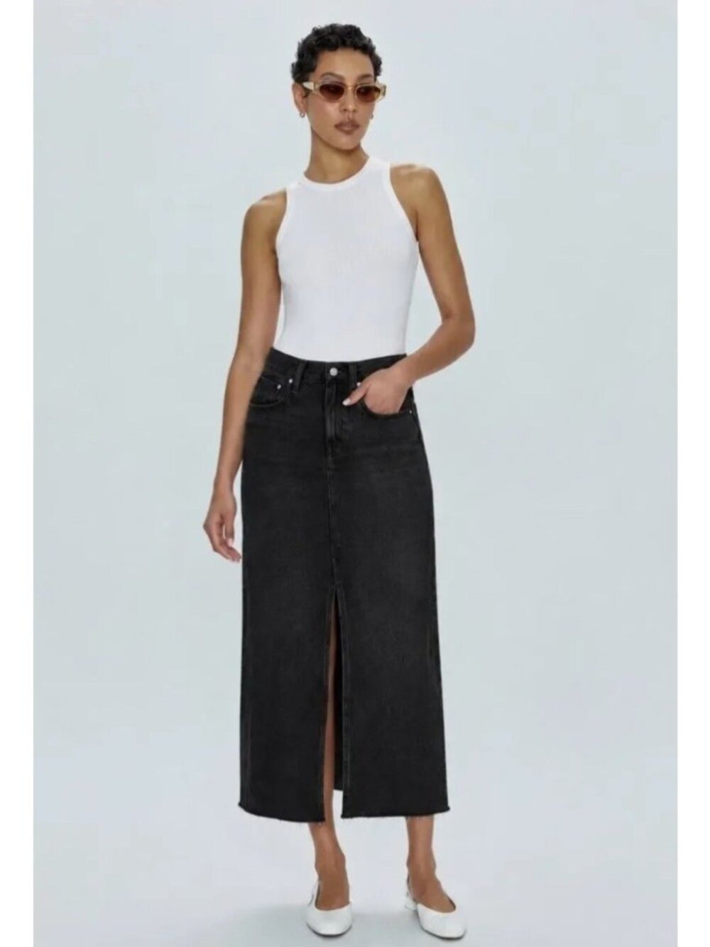 NEW Pistola Alice High-Rise Midi Skirt Denim Black Distressed Frayed Grunge 30